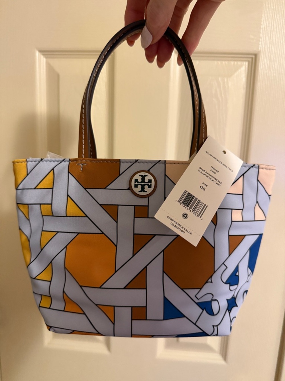 Tory Burch Nylon Printed Mini Tote Blue Basketweave Colorblock - Picture 2 of 11